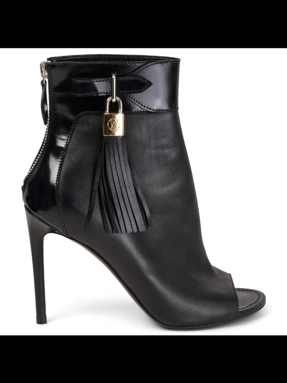 Louis Vuitton black leather peep-toe booties with tassels and zip closures